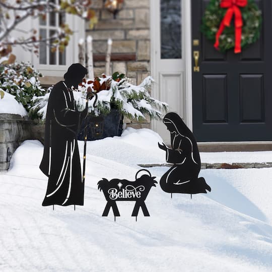 Glitzhome® Set of 3 Christmas Metal Silhouette Holy Family Yard Stake with Timer